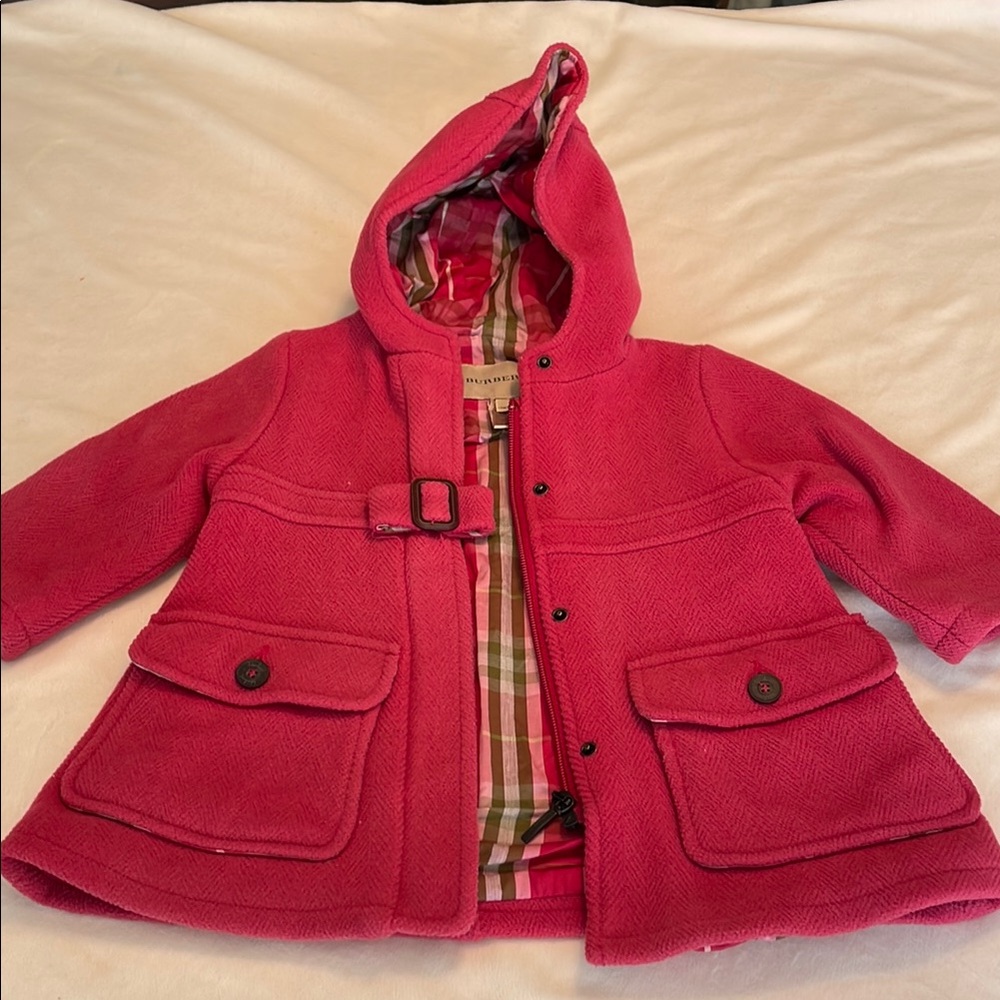 Burberry Pink Pea Coat with Patterned Lining and Hood